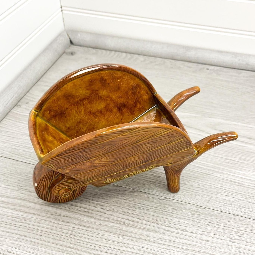 1974 Ceramic Wheelbarrow Plant Holder - Vintage Handmade Rustic Vase Signed Jo - Picture 2 of 7